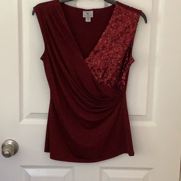 Worthington Wine Red Sleeveless Jersey Knit Sleeveless Sequined Top Size SP - Picture 1 of 10